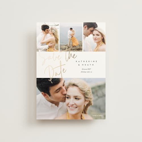 This is a cotton save the date postcards with foil pressed by Stacey Meacham called can't wait printing on signature in postcard