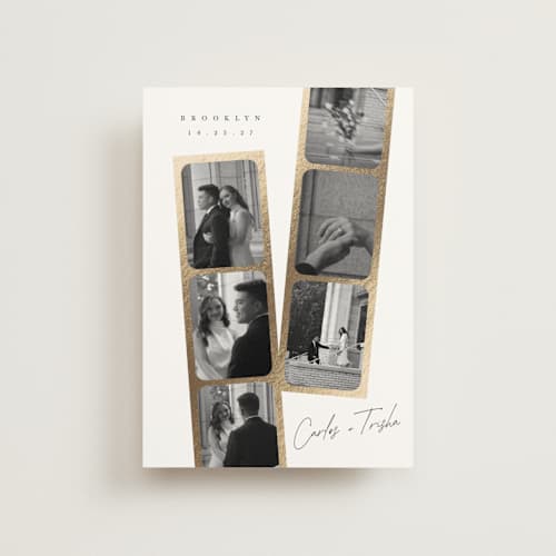 This is a pearl save the date postcards with foil pressed by Leah Bisch called snapshots printing on signature in postcard