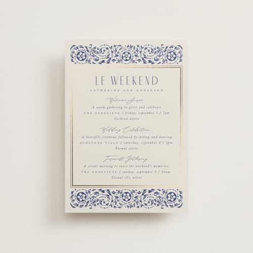 This is a dynasty blue ceremony reception essentials with foil pressed by Ana de Sousa called tiled romance printing on signature in petite