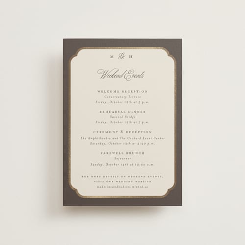 This is a cognac ceremony reception essentials with foil pressed by Emily Betts called arch frame printing on signature in petite