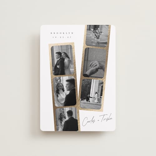 This is a pearl petite save the dates with foil pressed by Leah Bisch called snapshots printing on recycled smooth signature in petite