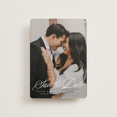 This is a pearl petite save the dates with standard by Lea Delaveris called lovely day printing on recycled smooth signature in petite