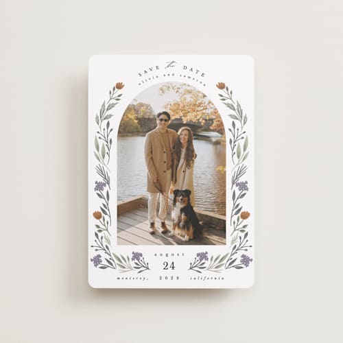 This is a rust petite save the dates with standard by Hannah Williams called floral arch printing on recycled smooth signature in petite