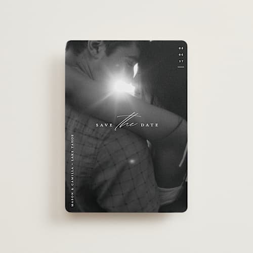 This is a pearl petite save the dates with standard by Christie Garcia called focal printing on recycled smooth signature in petite