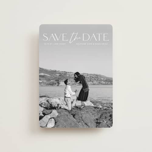 This is a moonstone petite save the dates with standard by Olivia Raufman called breathtaking printing on recycled smooth signature in petite
