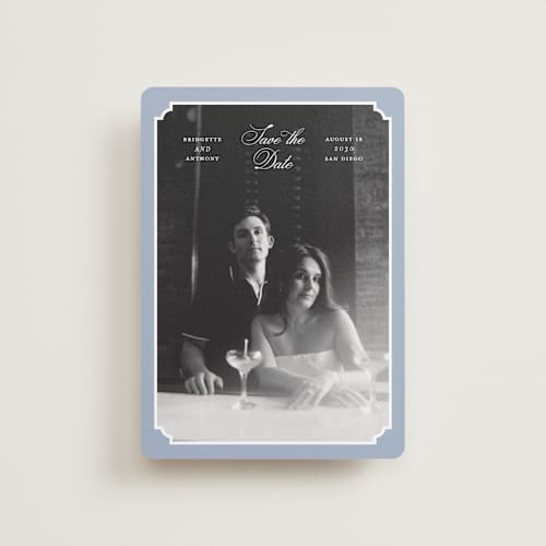 This is a neptune petite save the dates with standard by Heather Schertzer called notched printing on recycled smooth signature in petite