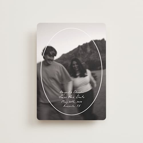 This is a parchment petite save the dates with standard by Nicole Walsh called oval frame printing on recycled smooth signature in petite