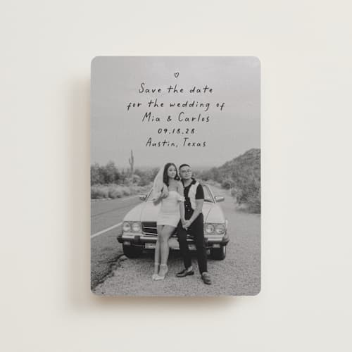 This is a noir petite save the dates with standard by Olivia Raufman called noted printing on recycled smooth signature in petite
