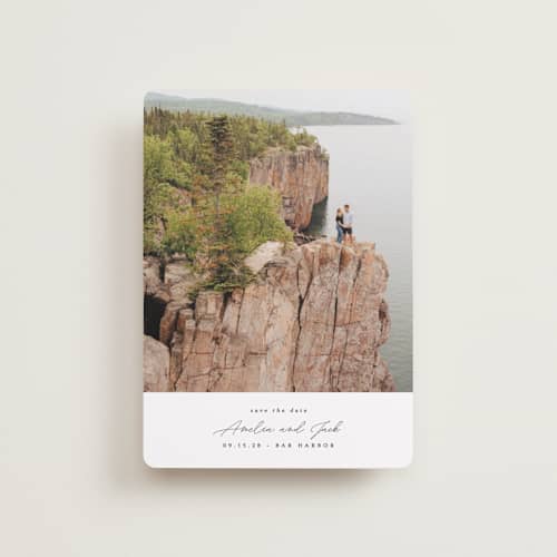 This is a snow petite save the dates with standard by Kaydi Bishop called composition printing on recycled smooth signature in petite