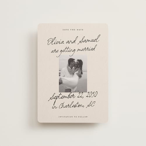 This is a linen petite save the dates with standard by Kercia Jane called written in love printing on recycled smooth signature in petite