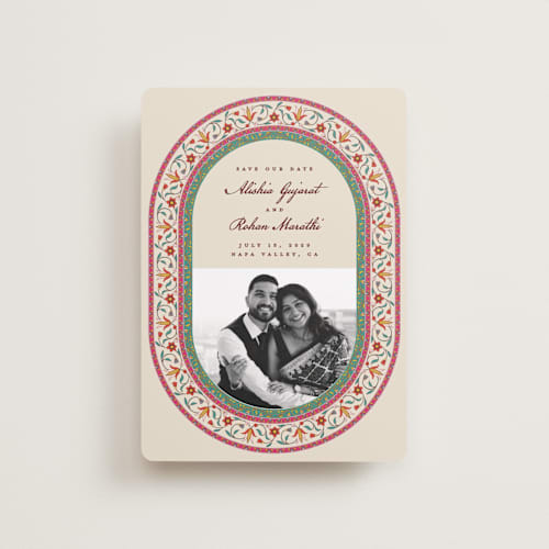 This is a ivory petite save the dates with standard by Sherley Ferreira called mughal gardens printing on recycled smooth signature in petite
