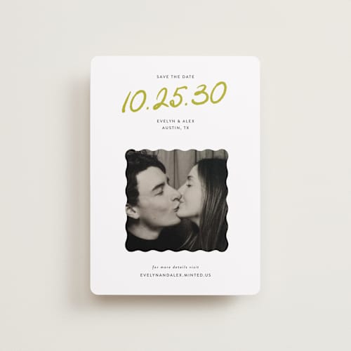 This is a chartreuse petite save the dates with standard by Sarah Brown called cascade printing on recycled smooth signature in petite