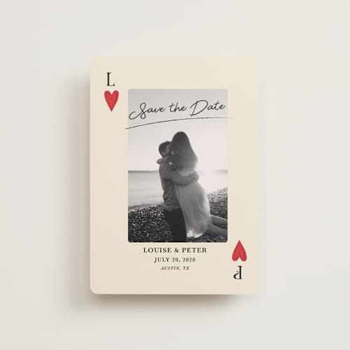 This is a champagne petite save the dates with standard by Helena Vitto called red hearts printing on recycled smooth signature in petite