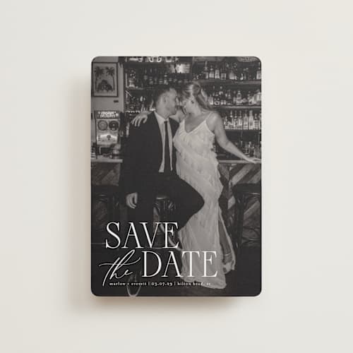This is a silk petite save the dates with standard by Kelly Schmidt called scripted initials printing on recycled smooth signature in petite