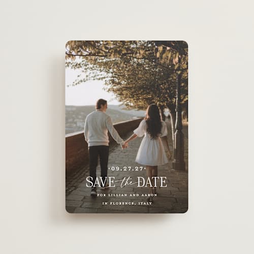 This is a powder petite save the dates with standard by Carolyn MacLaren called together forever printing on recycled smooth signature in petite