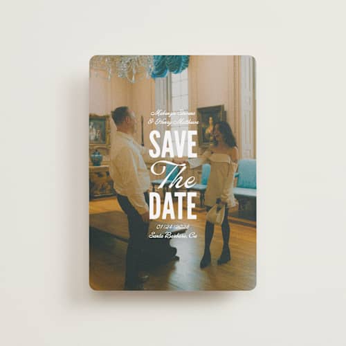 This is a lily petite save the dates with standard by Owl and Toad called full page printing on recycled smooth signature in petite