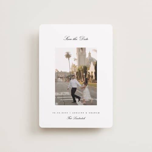 This is a snow petite save the dates with standard by Pixel and Hank called minimal printing on recycled smooth signature in petite