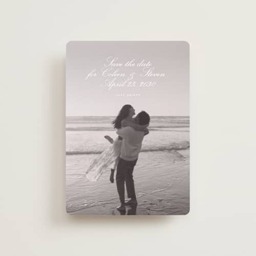 This is a ice petite save the dates with standard by chocomocacino called wakayu printing on recycled smooth signature in petite