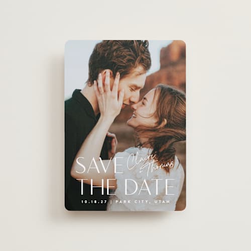 This is a cloud petite save the dates with standard by Carolyn MacLaren called cover printing on recycled smooth signature in petite
