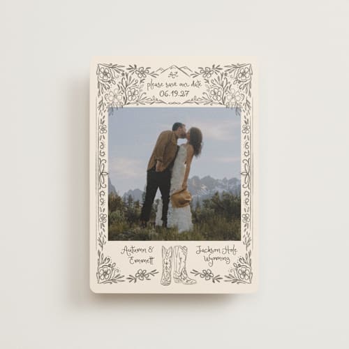 This is a leather petite save the dates with standard by Jenna Holcomb called jackson hole printing on recycled smooth signature in petite