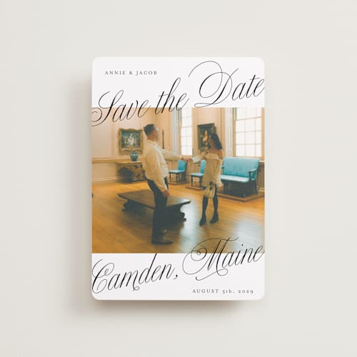 This is a snow petite save the dates with standard by Katharine Watson called bold script frame printing on recycled smooth signature in petite