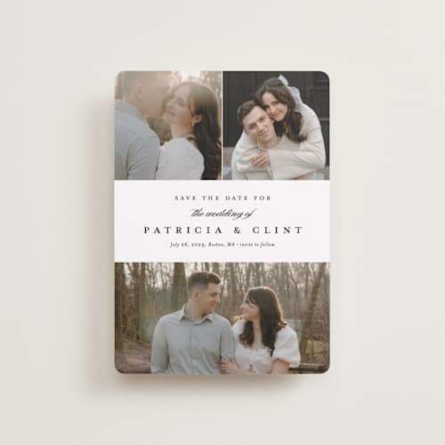 This is a icicle petite save the dates with standard by Stacey Meacham called classic trio printing on recycled smooth signature in petite