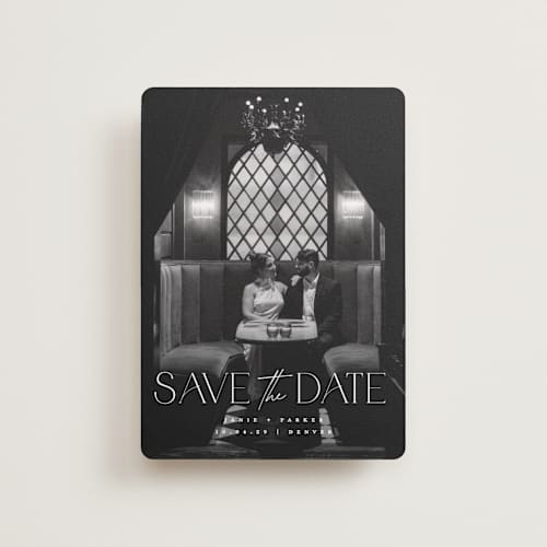 This is a pearl petite save the dates with standard by Jessica Corliss called simple elegance printing on recycled smooth signature in petite