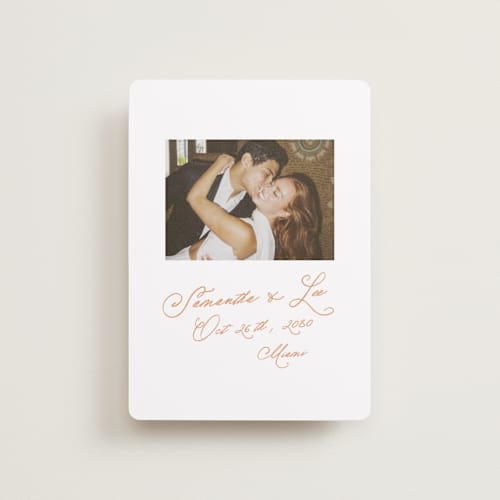 This is a peach petite save the dates with standard by AK Graphics called flourishing printing on recycled smooth signature in petite