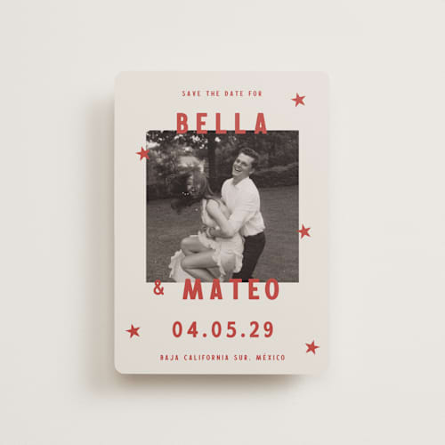 This is a sierra petite save the dates with standard by Ani Somi called coyota printing on recycled smooth signature in petite