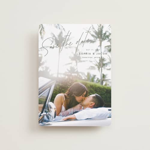 This is a olive you more petite save the dates with standard by Design Lotus called true north printing on recycled smooth signature in petite