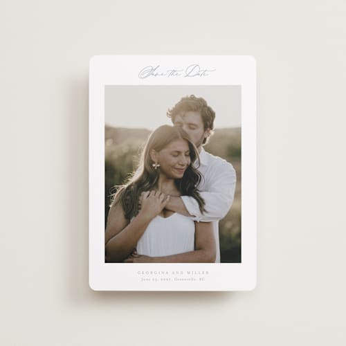 This is a dusty blue petite save the dates with standard by Stacey Meacham called modern air printing on recycled smooth signature in petite