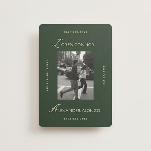 This is a citrus petite save the dates with standard by Angela Quan called grid printing on recycled smooth signature in petite