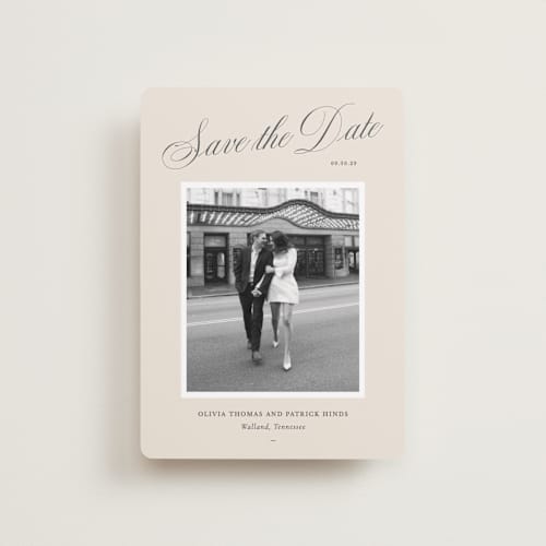 This is a champagne petite save the dates with standard by Sara Hicks Malone called belle meade printing on recycled smooth signature in petite