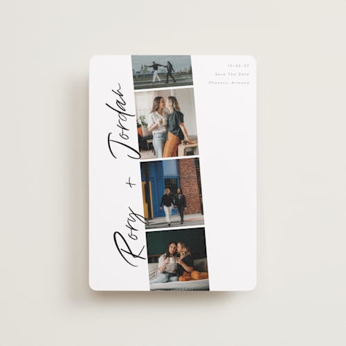 This is a vanilla petite save the dates with standard by Chryssi Tsoupanarias called photobooth love printing on recycled smooth signature in petite