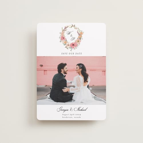 This is a sunset petite save the dates with standard by Susan Moyal called cherished printing on recycled smooth signature in petite