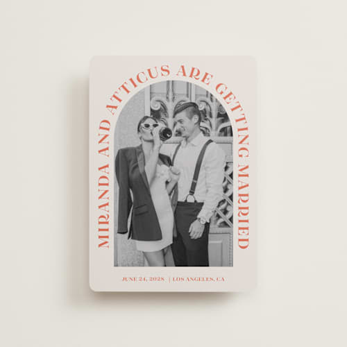 This is a persimmon petite save the dates with standard by Sarah Cohn called surrounding printing on recycled smooth signature in petite