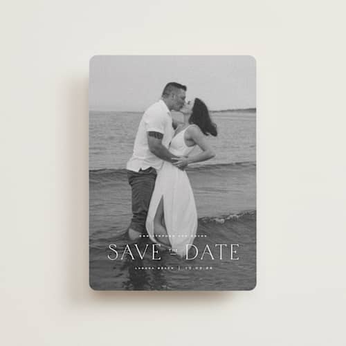 This is a cloud petite save the dates with standard by Wildfield Paper Co called summer love printing on recycled smooth signature in petite