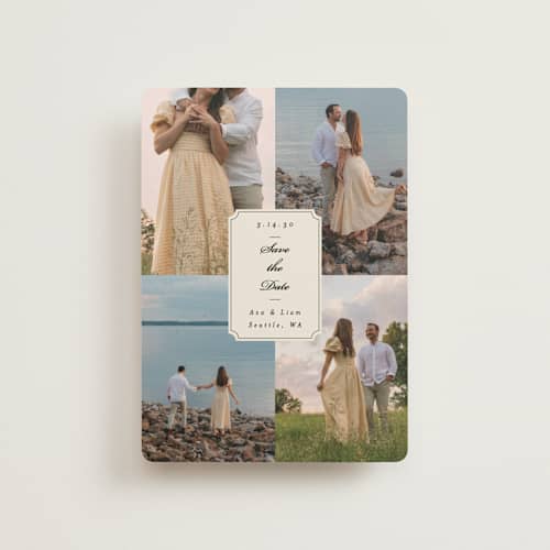 This is a cream petite save the dates with standard by Ashley Iwafuchi called vintage wishes printing on recycled smooth signature in petite