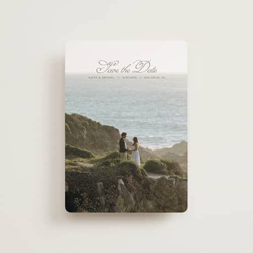 This is a moss petite save the dates with standard by Casey Miller called quiet horizon printing on recycled smooth signature in petite