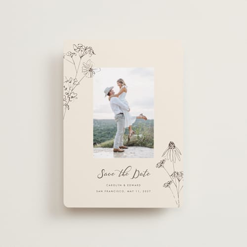 This is a sandpaper petite save the dates with standard by Baumbirdy called sketched florals printing on recycled smooth signature in petite