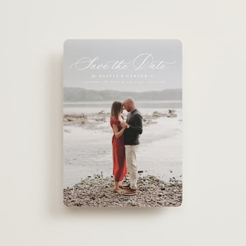 This is a cloud petite save the dates with standard by Ashlee Townsend called enchanted love printing on recycled smooth signature in petite