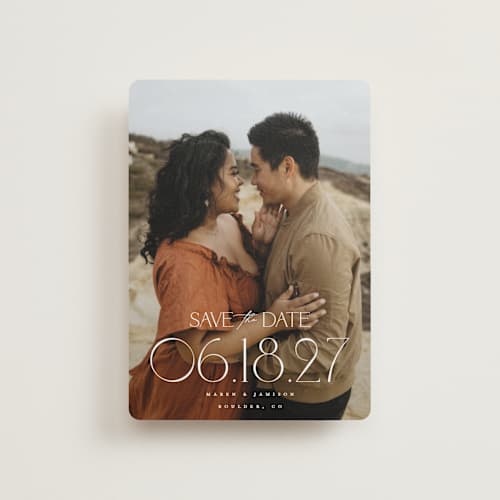 This is a opal petite save the dates with standard by Robert and Stella called brookefield printing on recycled smooth signature in petite