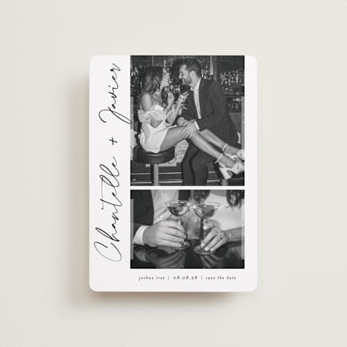 This is a onyx petite save the dates with standard by Sarah Curry called ink pen printing on recycled smooth signature in petite