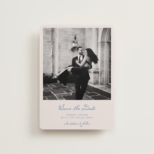 This is a royal petite save the dates with standard by Cass Loh called swan crest printing on recycled smooth signature in petite