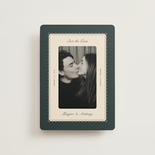 This is a emerald petite save the dates with standard by Kate Ahn called bettie printing on recycled smooth signature in petite