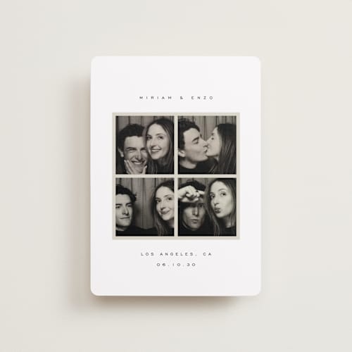 This is a powder petite save the dates with standard by Emily Sabol Goss called snapped moments printing on recycled smooth signature in petite
