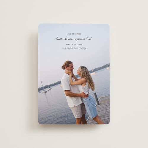 This is a tuxedo petite save the dates with standard by Michelle Buckner called horizon printing on recycled smooth signature in petite