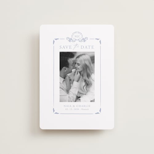 This is a pale cerulean petite save the dates with standard by Sabrin Deirani called ocean dreams printing on recycled smooth signature in petite