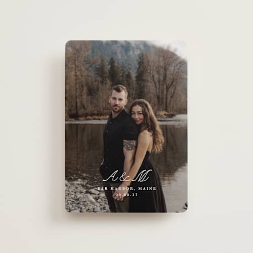 This is a pearl petite save the dates with standard by Up Up Creative called lettra printing on recycled smooth signature in petite