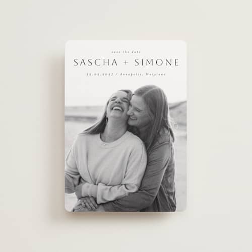 This is a downtown petite save the dates with standard by Ani Somi called happy sailing printing on recycled smooth signature in petite